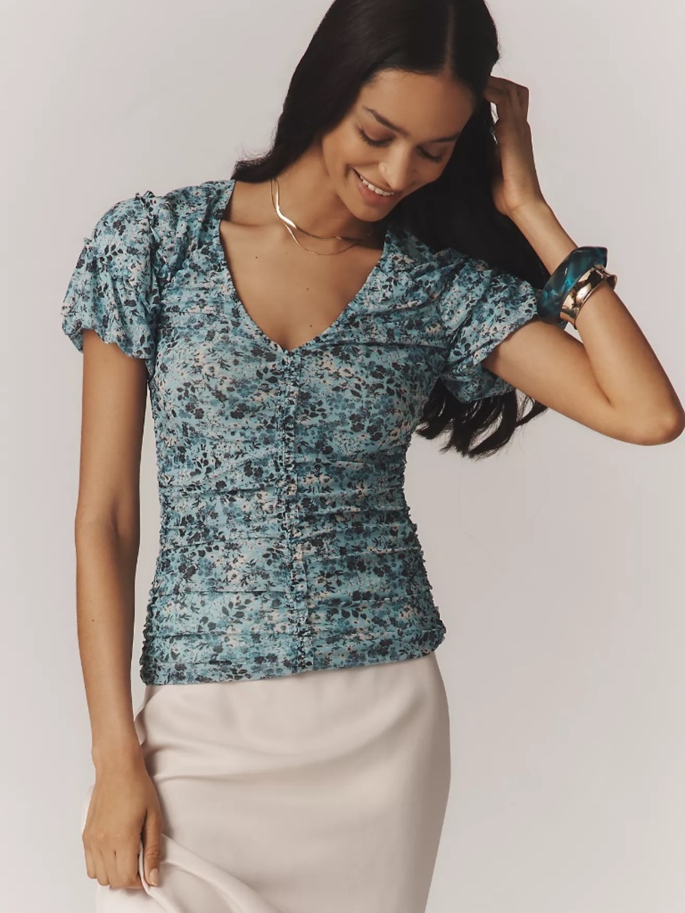 By Anthropologie Short-Sleeve Shirred Mesh Top